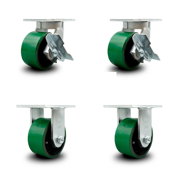 6 Inch Heavy Duty Green Poly on Cast Iron Wheel Caster Brakes 2 Rigid SCC, 2PK
